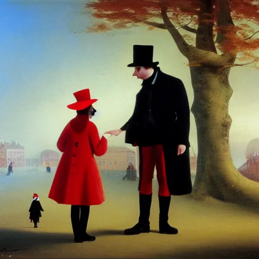 Image similar to A thin man in a black coat and bowler hat talks with small young girl dressed in a red coat and a red hat, park, autumn, Berlin, in style of Ivan aivazovsky, wide angle, high detail, width 768