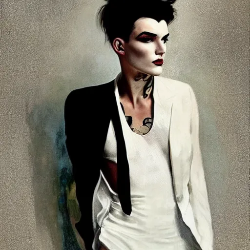 Prompt: beautiful portrait of androgynous ruby rose as desire from sandman in a white tuxedo!!!, rockabilly style,, by alphonse mucha, by jeremy mann, by peter lindbergh, dave mckean, by cedric peyravernay, white suit and black tie, soft lightning, high detailed, 8 k