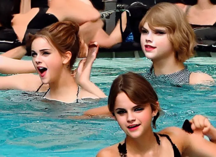 Image similar to emma watson and taylor swift and selena gomez swim together. perfect faces.