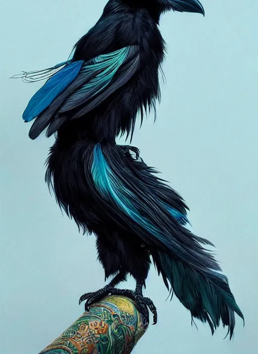 Image similar to beautiful black raven bird with long turqoise feather highlights, cute, intricate, highly detailed, digital painting, trending on artstation, concept art, smooth, sharp focus, backlit, rim light, vivid colors, illustration, unreal engine 5, 8 k, art by rossdraws and alphonse mucha