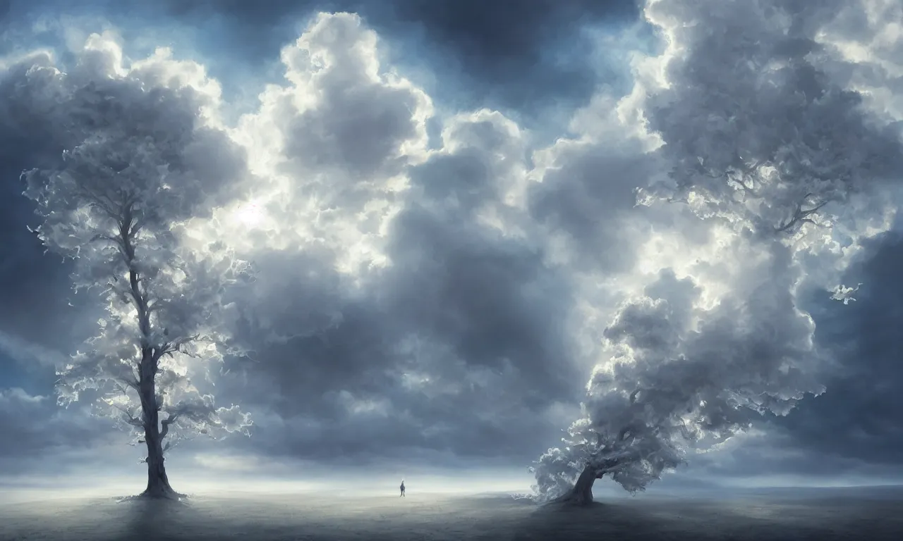 Image similar to a beautiful digital painting of a white tree merged in the clouds, birds flying in the sunlight, totaly white trunk made of smoke, blue sky at sunset, elegant, highly detailed, artstation, concept art, matte, sharp focus, art by tom bagshaw, kelogsloops and greg rutkowski