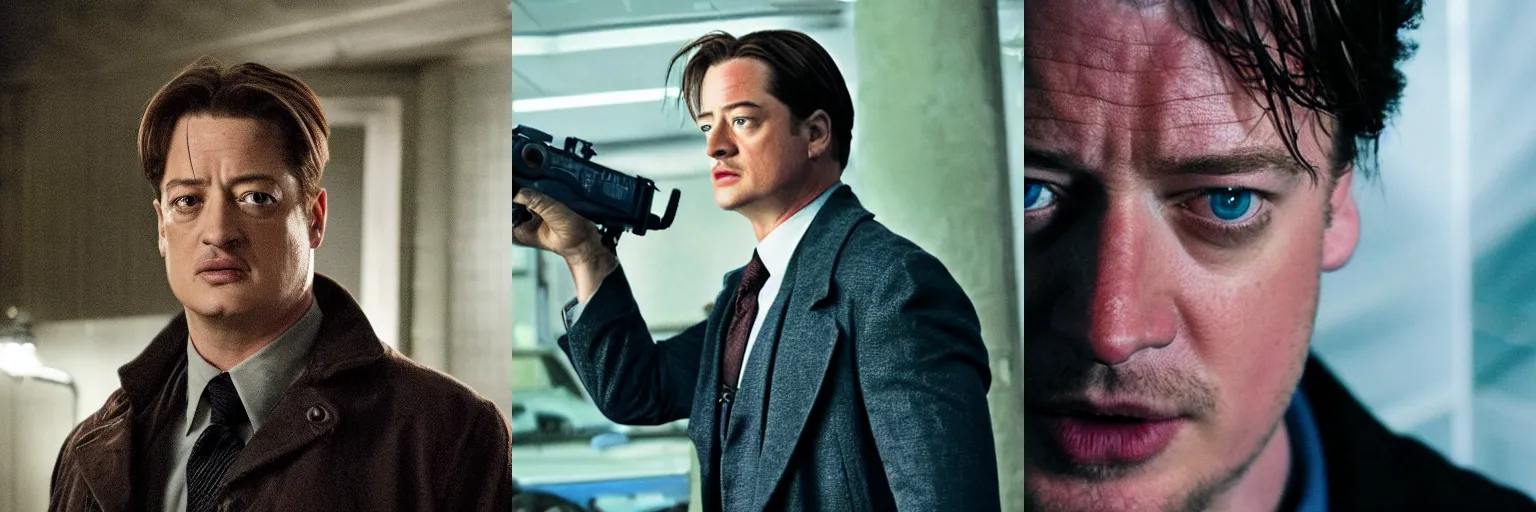 Prompt: close-up of Brendan Fraser as a detective in a movie directed by Christopher Nolan, movie still frame, promotional image, imax 70 mm footage