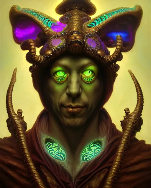 Prompt: front shot of a court jester character, hyperdimensional, bioluminescent, ((intricate)), elegant, highly detailed, centered, (((artstation, concept art, smooth, sharp focus, artgerm, Tomasz Alen Kopera, Peter Mohrbacher, donato giancola, Joseph Christian Leyendecker, WLOP, Boris Vallejo))), mugshot!!!!!, ugly!!!!!!, octane render, nvidia raytracing demo, grainy, muted