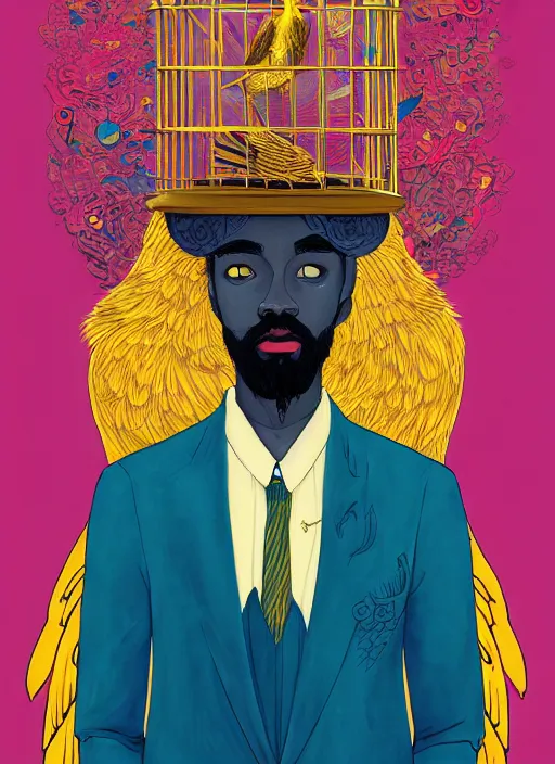 Image similar to beautiful painting of a mystical man in a suit with a golden bird cage as a head, in the style of james jean and victo ngai and sam spratt, mystical colors, trending on artstation