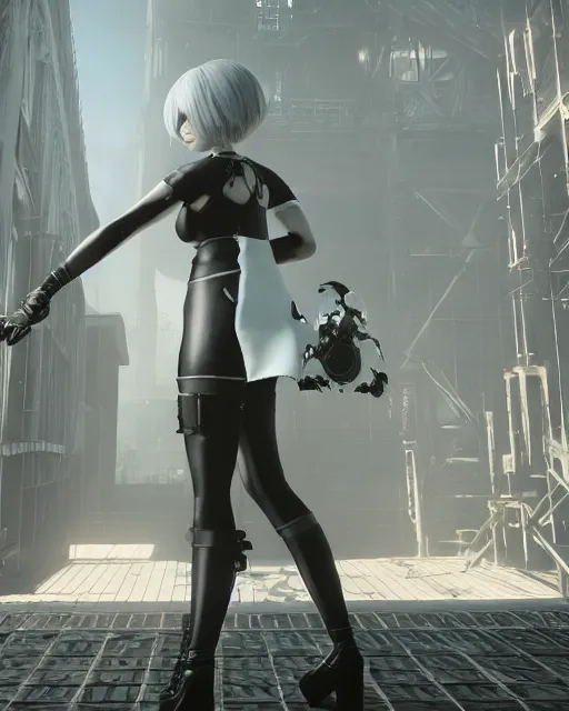 Prompt: unreal engine screenshot of 2B from Nier Automata and with slender body type and prominent ceramic hex tile armor plates wearing wearing short clothes standing in front of a large building, unreal engine, product showcase, octane render 8k