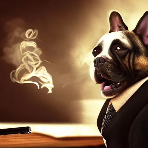 Image similar to a dog wearing a business suit smoking a cigar, dramatic lighting, cinematic, establishing shot, extremly high detail, photorealistic, cinematic lighting, concept art, artstation, style by greg rutkowsky