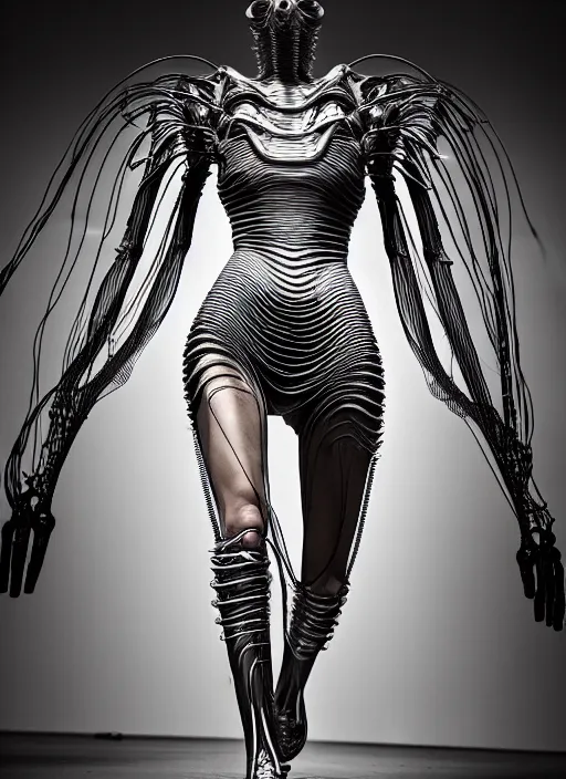 Image similar to walking down the catwalk, show, stage, vogue photo, podium, fashion show photo, iris van herpen, beautiful woman, full body shot, masterpiece, inflateble shapes, alien, giger, plant predator, guyver, jellyfish, wires, veins, white biomechanical details, wearing epic bionic cyborg implants, highly detailed