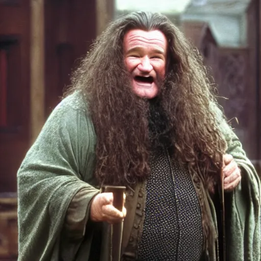 Image similar to Robin Williams playing Hagrid in Harry Potter, screenshot