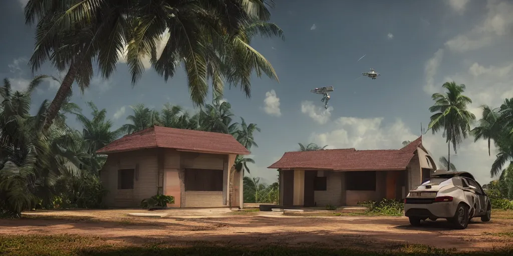 Prompt: a spaceship parked infront of a house in a kerala village, diffuse light, octane render, 4k, matte painting, cinematic