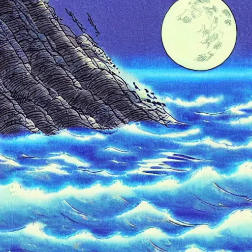 Image similar to Burning Azure Moon over silk ocean, manga style