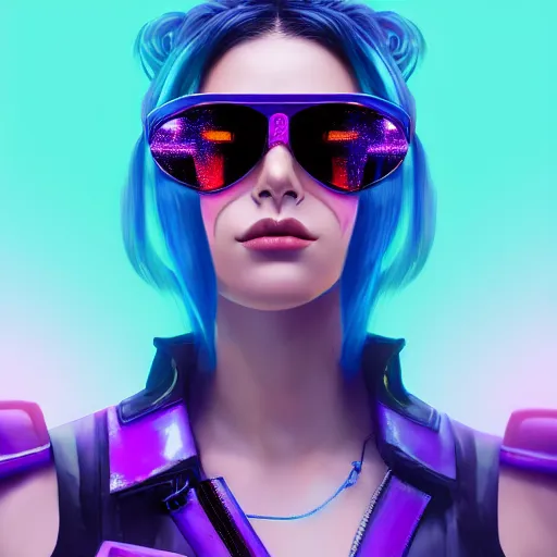 Image similar to closeup painting of a very beautiful young mexican cyberpunk woman with a smirk, wearing light blue shutter shades and a purple leather collar, one side haircut, long brown hair with light blue ends, portrait, hyperdetailed, artstation, cgsociety, 8 k, synthwave by tangerine dream
