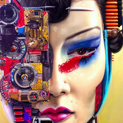 Image similar to portrait of cyborg geisha by sandra chevrier, by makoto shinkai, cybernetics, glamor shot, closeup, vivid colours, hyper realistic detailed intricate render, hypermaximalist, ornate, epic composition, sharp focus, masterpiece