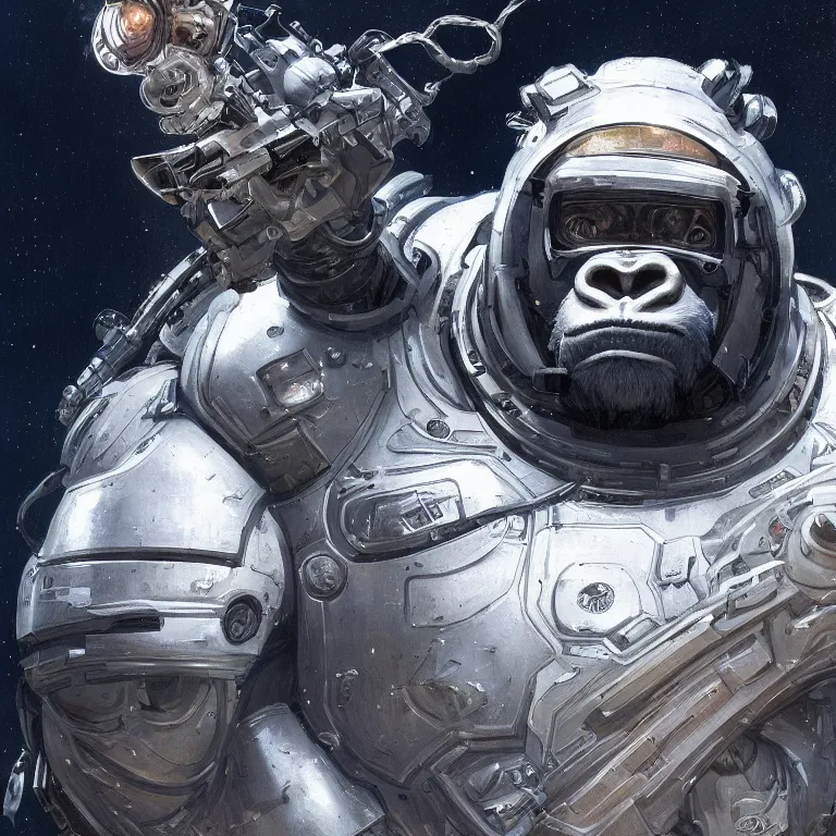 Prompt: detailed science-fiction character portrait of a silverback gorilla wearing a white armored space suit, intricate, wild, highly detailed, digital painting, artstation, concept art, smooth, sharp focus, illustration, art by artgerm and greg rutkowski and alphonse mucha