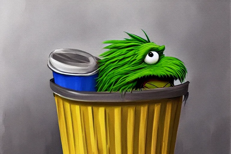 Image similar to Oscar the grouch in a trash can, highly detailed, digital painting, artstation, concept art, smooth, sharp focus, illustration