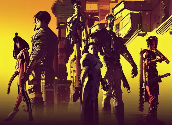 Image similar to cyberpunk samurai squad. portrait by stonehouse and mœbius and will eisner and gil elvgren and pixar. character design. realistic proportions. cyberpunk 2 0 7 7 character art, blade runner 2 0 4 9 concept art. cel shading. attractive face. thick lines. the team. diverse characters. artstationhq.