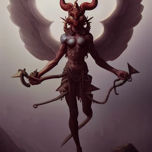 Prompt: detailed illustration of a fallen angel tiefling mythical creature by peter mohrbacher trending on artstation, highly detailed illustration