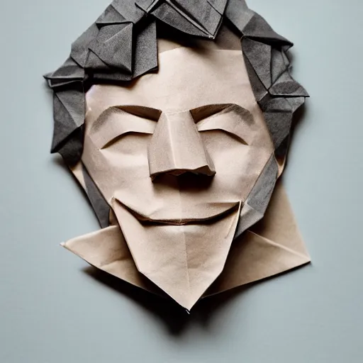 Image similar to an origami portrait of a caucasian man with wavey short hair, made from paper, friedly smile, raised eyebrows, great composition, ambient light