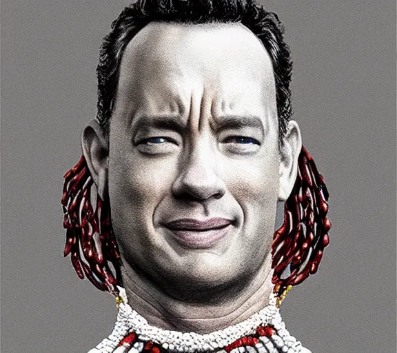 Image similar to Tom hanks as forrest gump wearing a necklace made out of shrimps around the neck, realistic face, digital art, in the style of Raphael Lacoste, amazing detail, artstation