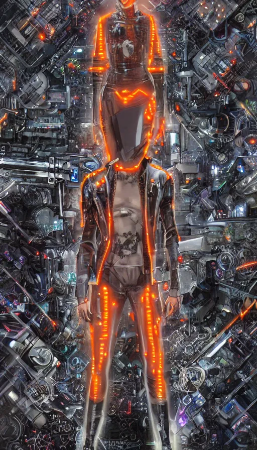 Image similar to full body head to toe portrait of a cyberpunk sci-fi cyborg netrunner bionic man, third person, D&D, sci-fi fantasy, matrix , intricate, black with shiny silver and orange fringe highlights, highly detailed, art by Range Murata, highly detailed, 3d, octane render, bright colors, digital painting, trending on artstation, sharp focus, illustration style of Stanley Artgerm, dramatic background