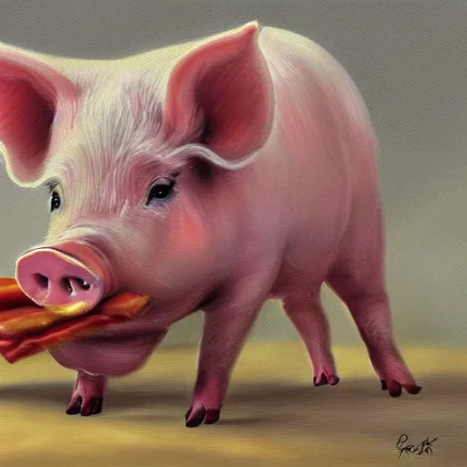 Image similar to a pig eating a rasher of bacon. detailed, realistic, digital painting,