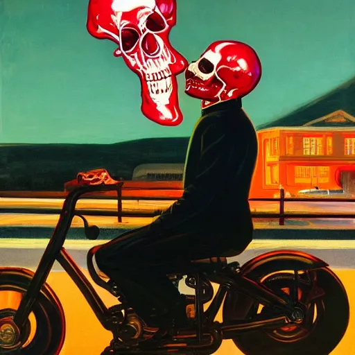 Prompt: a portrait of a man in a patent leather jacket, his head is a skull with his brain sticking out, he is sitting on top of a motorcycle, 4k, in the style of Edward Hopper, colorful lights,