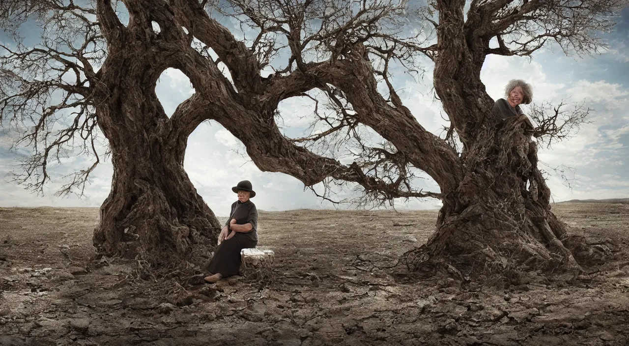 Prompt: 65-year-old woman merged with a tree, crying one single tear, facing the camera and sitting on a dried up river in a desolate land, blue sky, hot and sunny, highly-detailed, elegant, dramatic lighting, artstation, 4k, cinematic landscape, photograph by Elisabeth Gadd