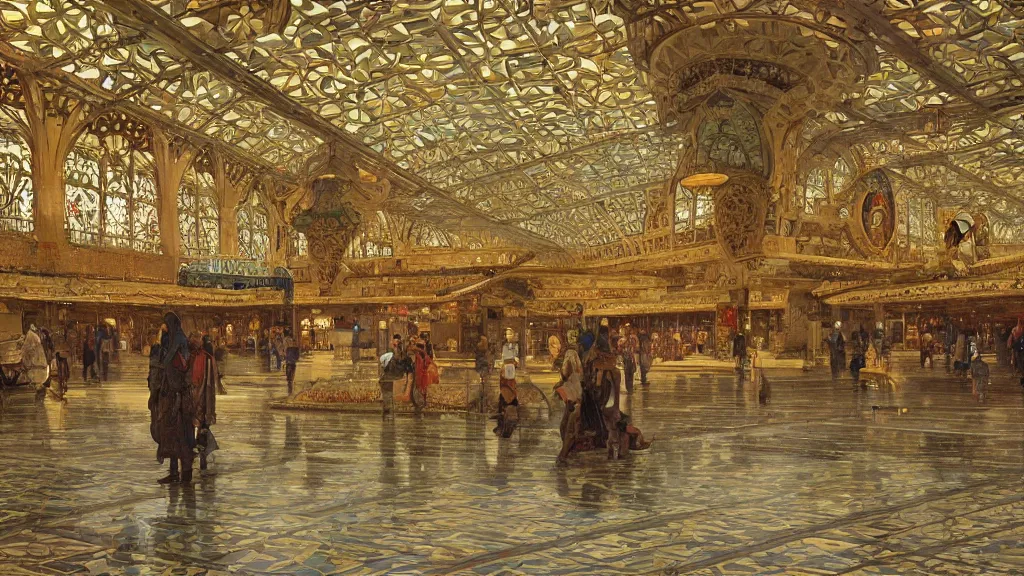 Image similar to a beautiful painting of an ornate airport designed by frank lloyd wright, with gold and mosaics, intricate, elegant, highly detailed, digital painting, artstation, concept art, by krenz cushart and artem demura and alphonse mucha