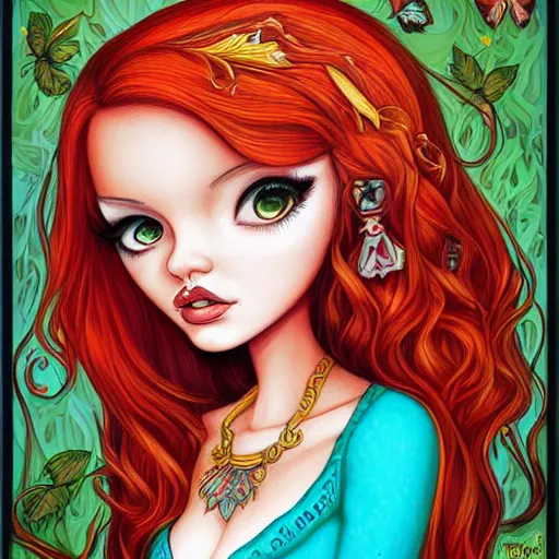 Prompt: Portrait of a beautiful Woman with red hair, yellow eyes by Tim Shumate by Jeremiah Ketner