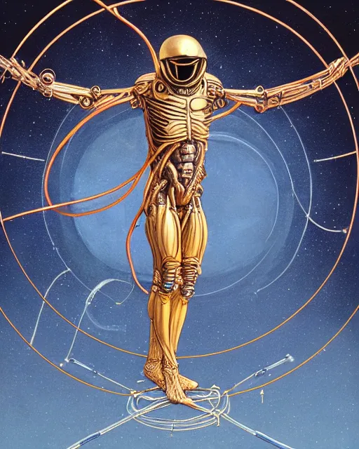 Prompt: space xenomorph!!! as vitruvian man by james jean and moebius, biomechanical, iridescent greenwich armour, fencing doublet, ultra wide angle, full body, no crop, golden ratio, hyper details