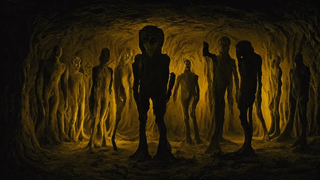 Image similar to the creature in the basement, made of glowing wax and ceramic, surrounded by friendly faces, film still from the movie directed by denis villeneuve and david cronenberg with art direction by salvador dali and zdzisław beksinski, wide lens