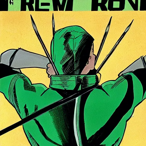 Image similar to The Green Arrow action pose, view from behind looking over shoulder, drawing an arrow from his quiver, comic book cover style