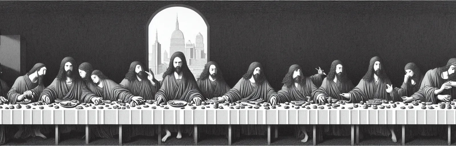 Image similar to colorful!!! the last supper by rene magritte, cyberpunk, kanagawa wave by laurie greasley and bouguereau, ( ( etching by gustave dore ) ), ultraclear intricate, sharp focus, highly detailed digital painting illustration, concept art, masterpiece