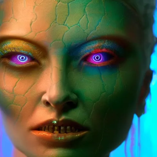 Image similar to hyperrealistic ultra detailed rococo cyborg woman with pearlescent blue skin wayne barlowe very dramatic green neon lighting on one side wide angle 35mm shallow depth of field 8k