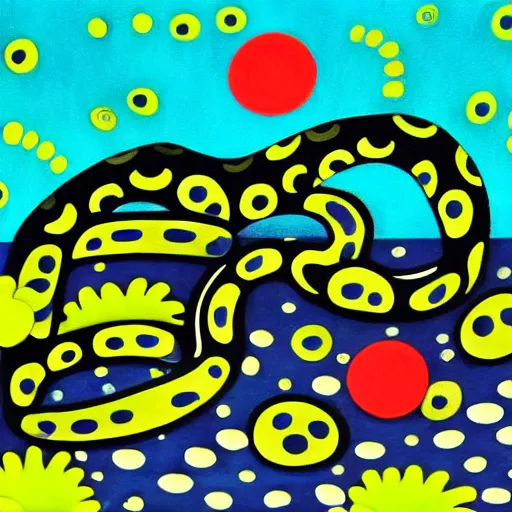 Image similar to A very long dog like a snake chasing its own tail while spinning, suburbian house at the background. in the art style of Yayoi Kusama