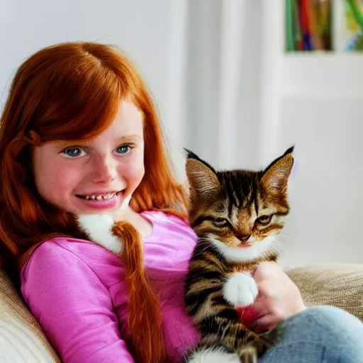 Image similar to young freckled smiling pretty redhead girl is holding a kitten while watching tv, depicted for a children's book, in the style of claudia gadotti and katie risor