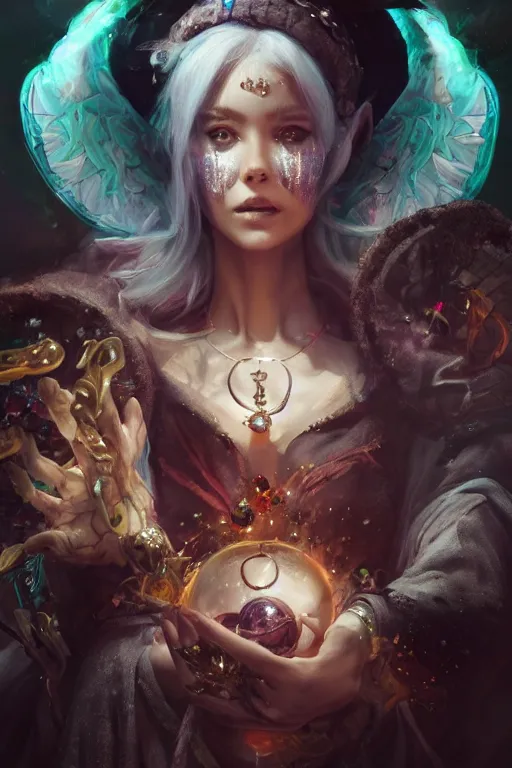 Image similar to face closeup of beautiful girl necromancer, witch - doctor covered with velvet exploding into crystals, angels, 3 d render, hyper realistic detailed portrait, holding crystal ball, ruan jia, wlop. scifi, fantasy, hyper detailed, octane render, concept art, peter mohrbacher