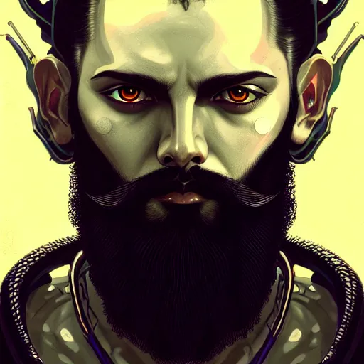 Prompt: bearded man with extremely large and intricate haircut with angry red eyes and slim features looking askance, eye cyberpunk bionics, retro futurist style, intricate, elegant gleaming intricate baroque jewelry, angelic halo, highly detailed, digital painting, artstation, concept art, smooth, sharp focus, illustration, art by wlop, mars ravelo and greg rutkowski,