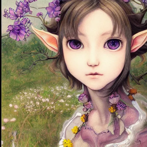 Image similar to little elf girl, tunic, soft hair. light color palate, purple, yellow and white. detailed soft painting, ayami kojima, made in abyss, anatomically correct, inspired in balthus, high detailed face anime, vogue magazine, glorious composition