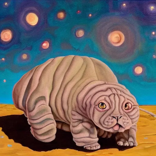 Image similar to painting of a devon rex, cornish rex tardigrade cat glowing in the moonlight looking curious