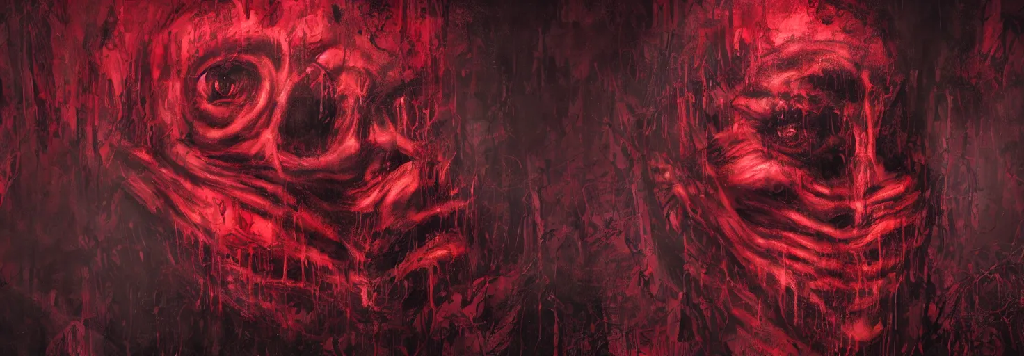 Image similar to ''creepy faces, void, souls, red background, creepy art, horror, artwork, digital paintting, nightmare, ultra detailed, concept art, 8 k, high quality''