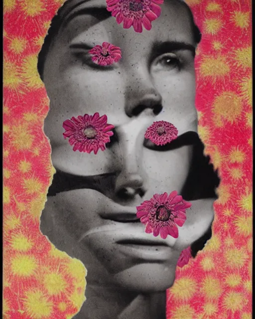 Prompt: nuclear explosion, different women's faces, cut and paste collage, mutated flowers, soft glow, 1 9 5 0 s, scary, gritty texture, radioactive, stressed emotions