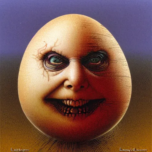 Image similar to humpty dumpty in form of egg, detailed pattern on skin, front view by luis royo and wayne barlowe, beksinski