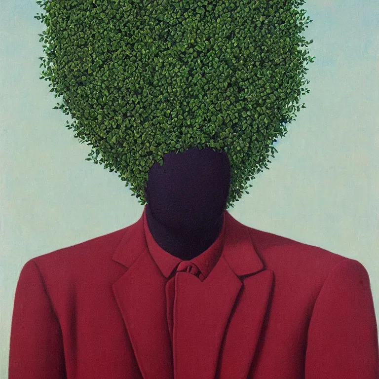 Image similar to portrait of a faceless beautiful flower - head man by rene magritte, detailed painting, distance, centered, hd, hq, high resolution, high detail, 4 k, 8 k