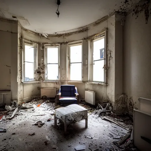 Image similar to Award winning photo of a living room of a flat abandoned 3 moths ago, 4k, urban exploring, high quality, messy