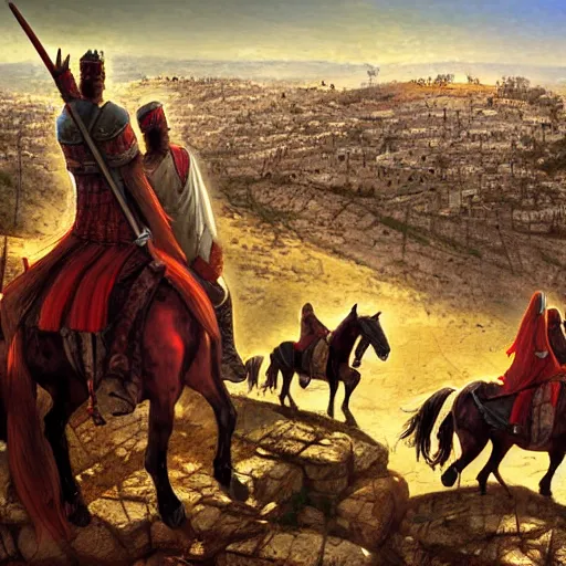 Image similar to Crusaders on horses standing on a ridge overlooking the city of Jerusalem by Marc Simonetti