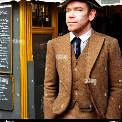 Image similar to ewan mcgregor from behind dressed as a gentleman in early 2 0 th century paris cafe. warm colour, brown colours, yellow colours