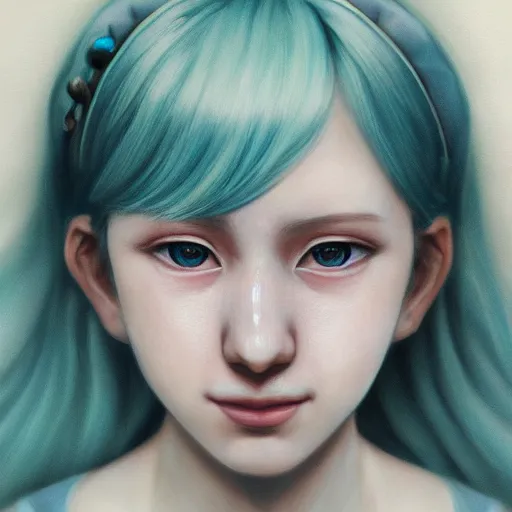 Prompt: cinematic portrait of hatsune miku, intricate, elegant, by alyssa monks, highly detailed, symmetrical face, fine details, masterpiece, trending on artstation