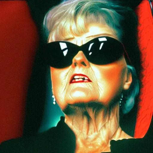 Prompt: Angela Lansbury as Morpheus wearing small sunglasses sitting in a red chair in The Matrix (1999), highly detailed, Cinestill, 4k