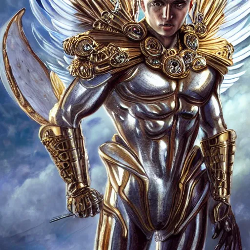 Image similar to a beautiful muscular male angel wearing a silver chrome armor with golden ornaments and diamonds jewelry by alex gray and android jones, karol bak, ayami kojima, amano, concept art, character design, fantasy, 3 d, 8 k resolution