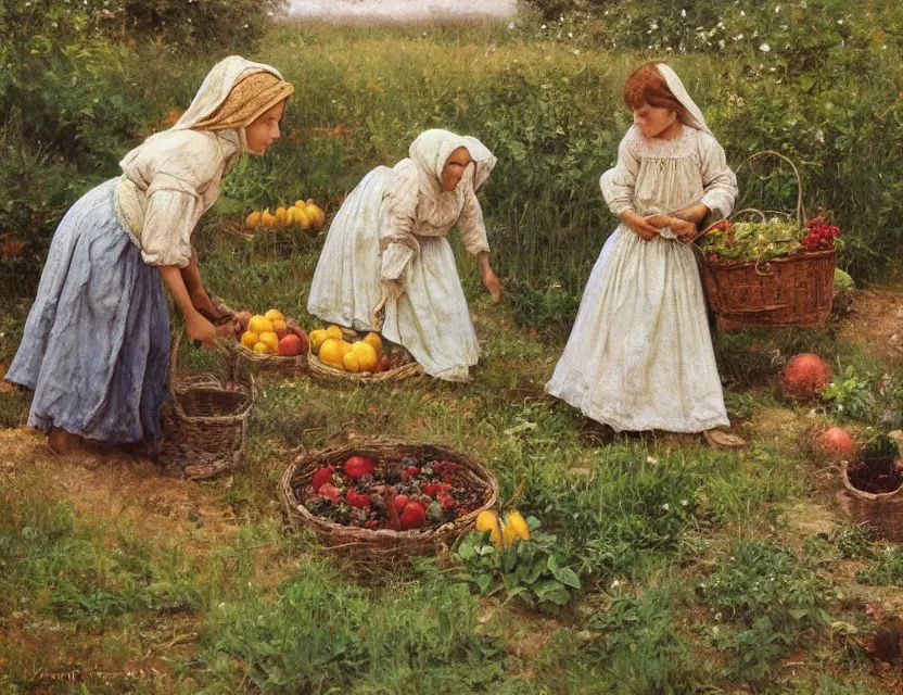 Image similar to 3 peasant girl picking vegetables from garden, cottage core, cinematic focus, polaroid photo bleached vintage pastel colors high - key lighting, soft lights, foggy, by steve hanks, by lisa yuskavage, by serov valentin, by tarkovsky, 8 k render, detailed, oil on canvas